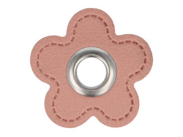 Ösen Patch Blume Skai Kunstleder rosa-silber für Kordeln 8mm Lederimitat