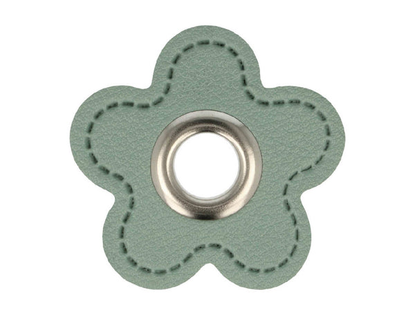 Ösen Patch Blume Skai Kunstleder meergrün-silber für Kordeln 8mm Lederimitat