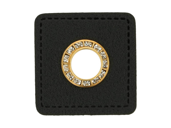 Ösen Patch Quadrat mit Glitzersteinen für Kordeln schwarz-gold 8mm Lederimitat