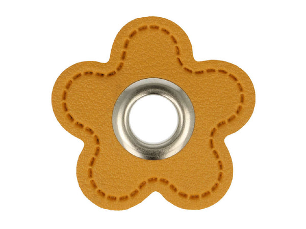 Ösen Patch Blume Skai Kunstleder senfgelb-silber für Kordeln 8mm Lederimitat