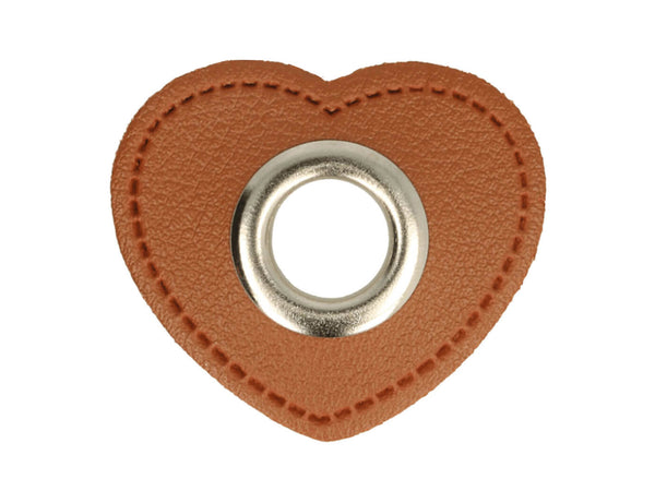 Ösen Patch Herz für Kordeln braun-nickel 11mm Lederimitat