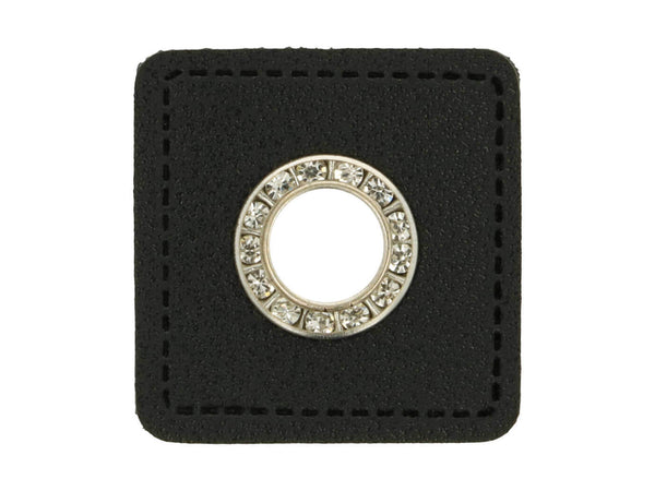Ösen Patch Quadrat mit Glitzersteinen für Kordeln schwarz-nickel 11mm Lederimitat