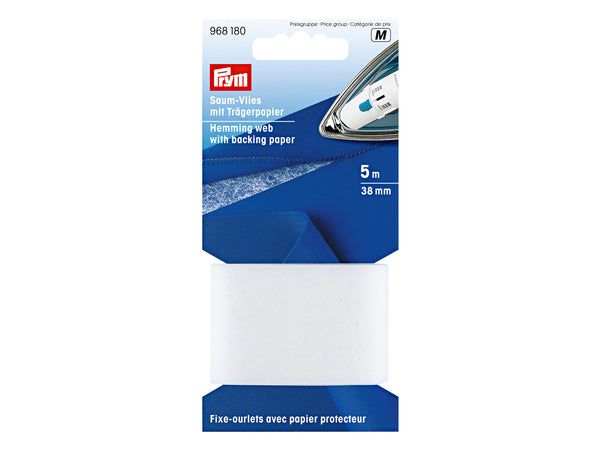 PRYM 968180 Saum Vlies mit Trägerpapier 38mm - 5m - weiß, zum Aufbügeln