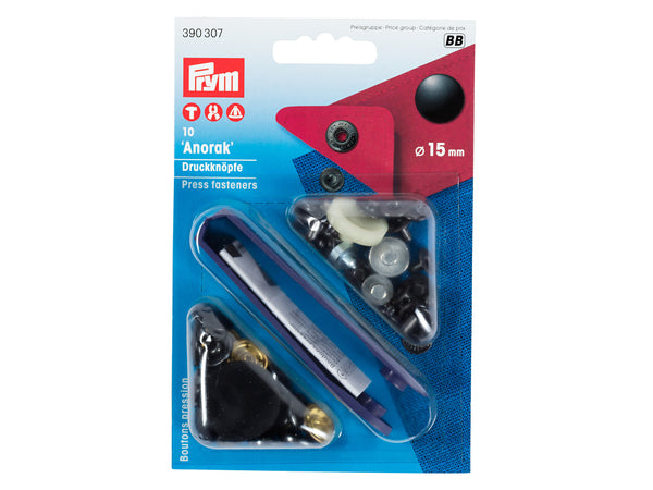 Prym 390307 Nähfrei Druckknöpfe Anorak schwarz lackiert 15mm - 10 Stück