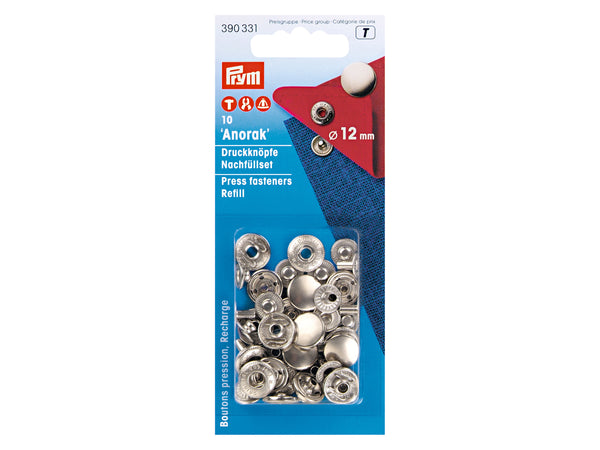 Prym 390331 Nähfrei Druckknöpfe Anorak silber 12mm Nachfüllpackung - 10 Stück