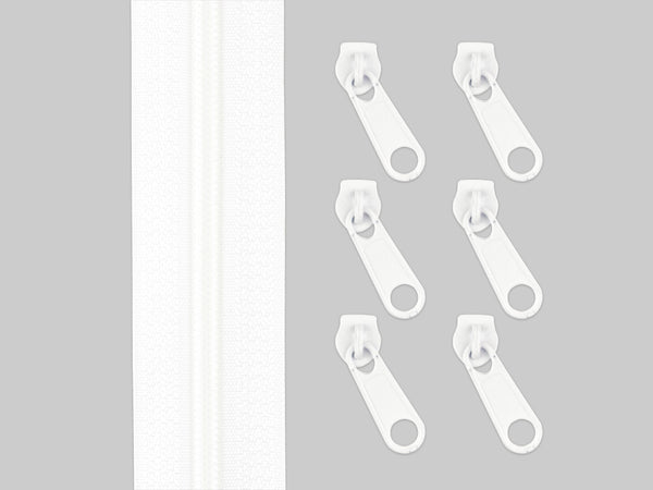 2m Endlos Spiralreißverschluss 5mm + 6 Zipper - 101 - weiß