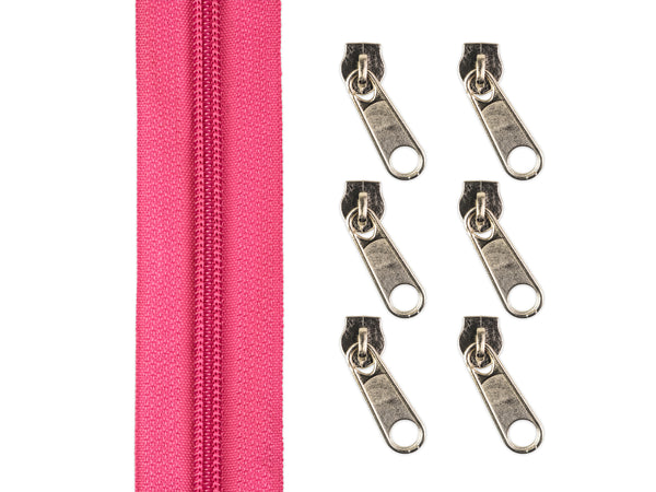2m Endlos Spiralreißverschluss 5mm - 146 - pink + 6 Zipper - 031 - silber