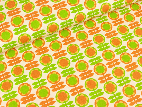 Baumwollstoff Retroblumen orange-grün auf Weiß
