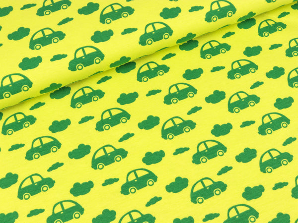 Baumwolljersey Autos und Wölkchen grün auf Gelb