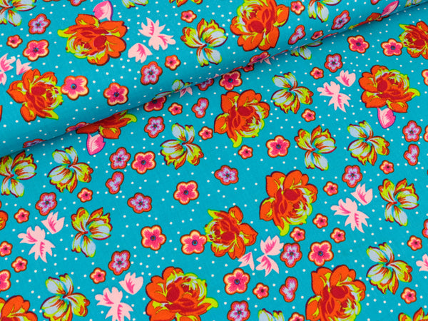 Baumwollstoff Blumen auf Türkis
