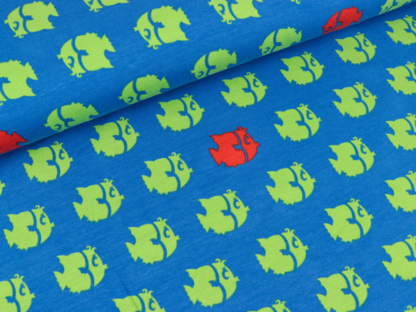 Baumwolljersey By the sea Fische grün auf blau