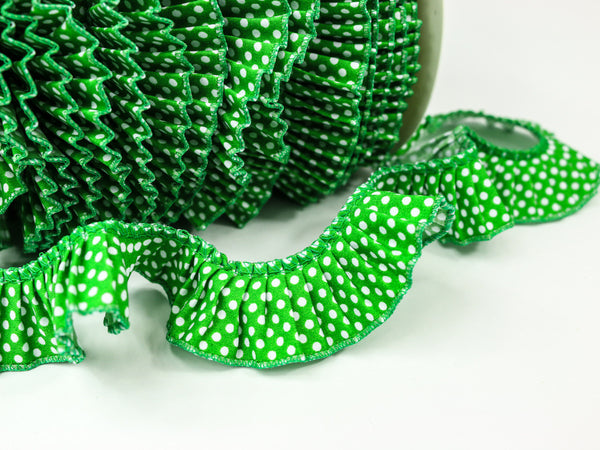 Rüschenborte grün mit weißen Punkten 1m