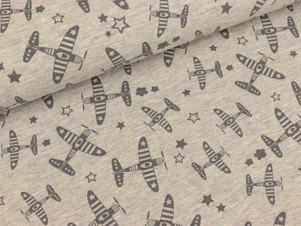 Baumwolljersey Let's Fly Away Flugzeuge hellgrau