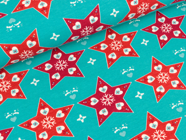 Baumwolljersey Joy Sterne auf türkis Wintermotiv