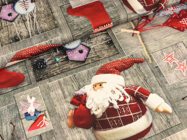 Dekobaumwollstoff Christmas and Wood grau-bunt