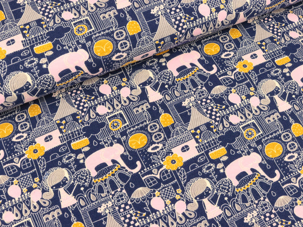 Baumwolljersey Mädchen und Elefant jeansblau