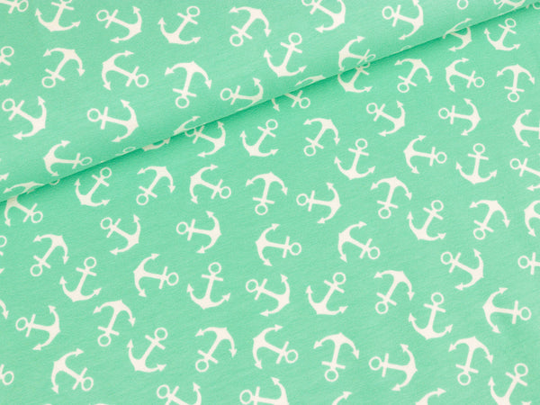 Baumwolljersey AHOI! Anker weiß auf mint