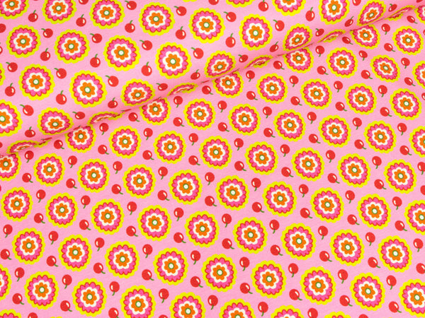 Baumwolljersey Miss Strawberry Blumen und Kirschen rosa