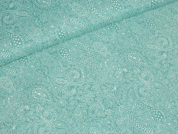 Dekostoff Paisleymuster weiß auf Taubenblau