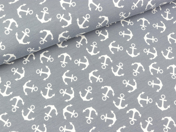 Baumwolljersey AHOI! Anker weiß auf Grau