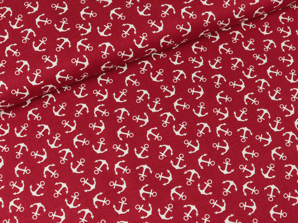 Baumwollstoff Ostsee tiefrot mit weißen Ankern