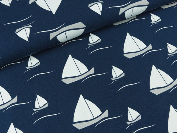 Baumwolljersey Vera Segelschiffe auf Marineblau