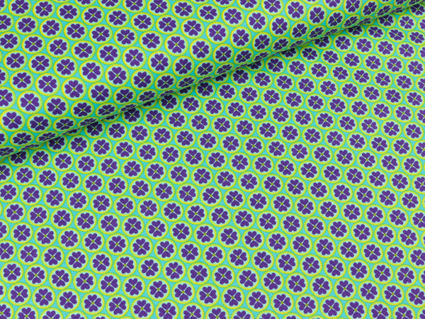 Baumwollstoff Blumenherz Kleine Blumenkreise lila auf Türkis