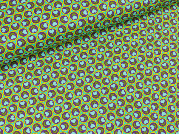 Baumwollstoff Blumenherz Kleine Herzblumen lila auf Türkis