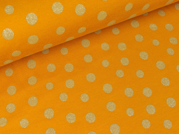 Baumwollsweat Goldene Punkte auf Senfgelb Glitzer