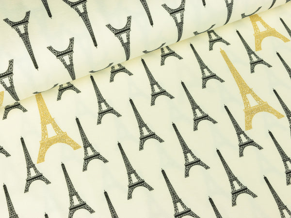 Baumwolljersey Eiffelturm creme mit goldenem Glitzer