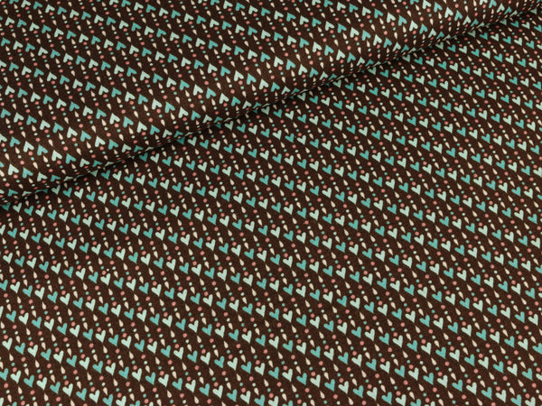 Baumwollstoff Pop Up Herzchen auf Dunkelbraun