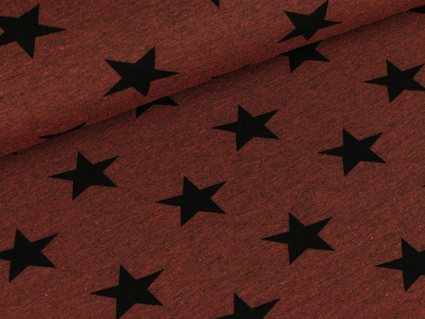 Baumwolljersey Kito Sterne schwarz auf terracotta meliert