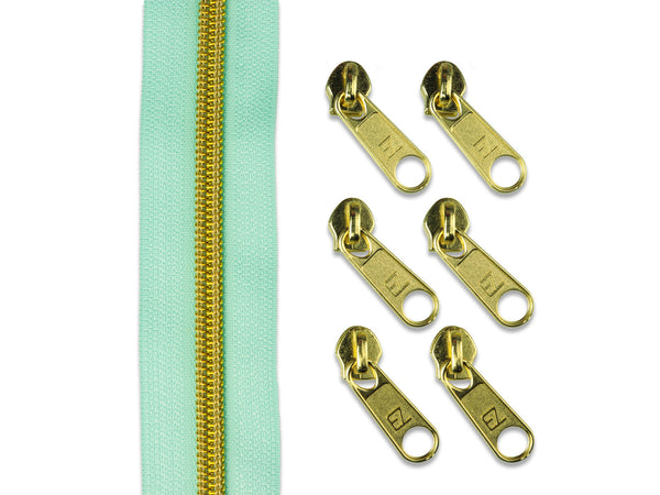 2m Endlosreißverschluss metallisiert mint/gold + 6 Zipper