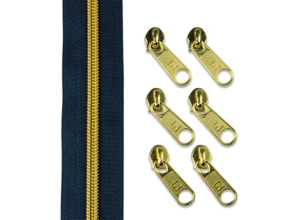 2m Endlosreißverschluss metallisiert dunkelblau/gold + 6 Zipper