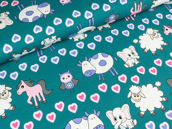 Baumwolljersey Kimi Tiere und Herzen auf Petrol