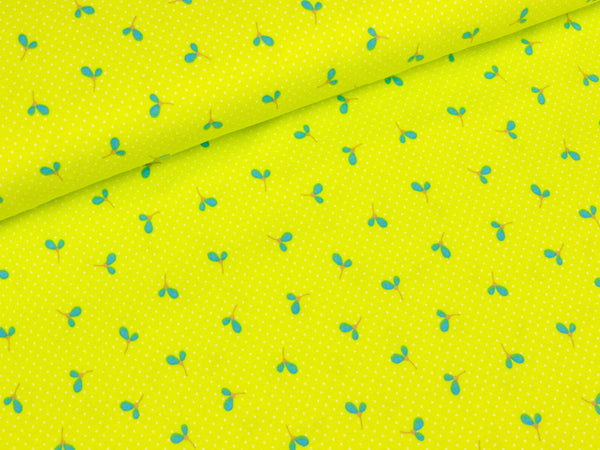 Baumwolljersey Wildflower Medow Blätter türkis auf Kiwi