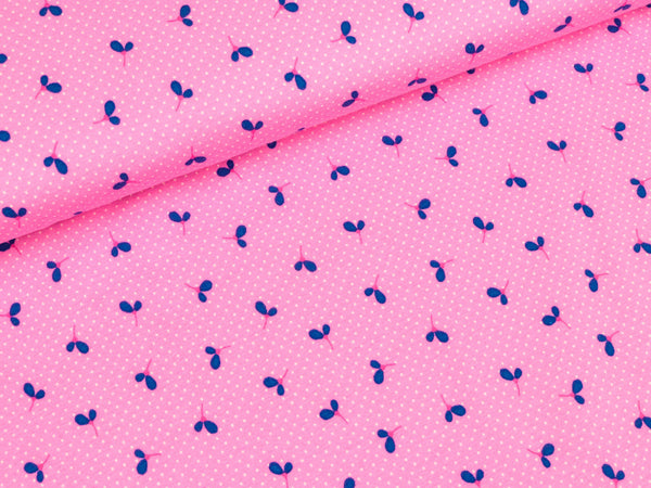 Baumwolljersey Wildflower Medow Blätter blau auf Pink