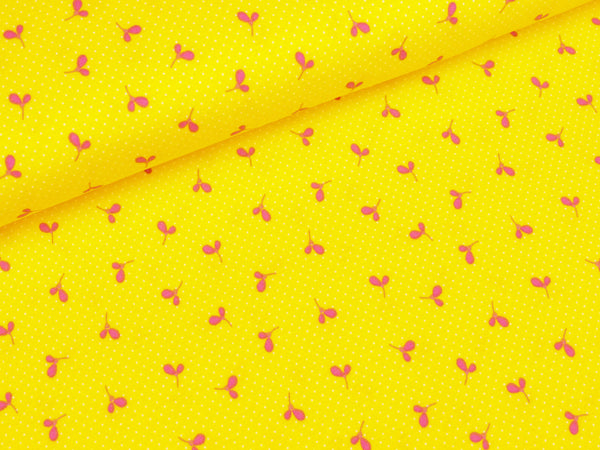 Baumwolljersey Wildflower Medow Blätter pink auf Gelb