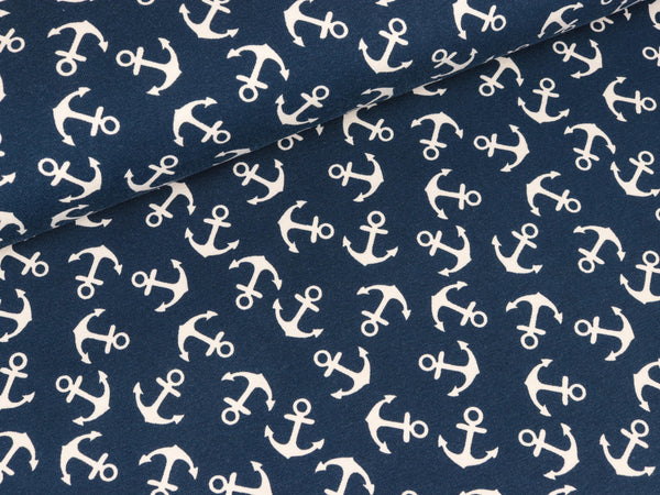 Baumwolljersey Verena Anker weiß auf Jeansblau