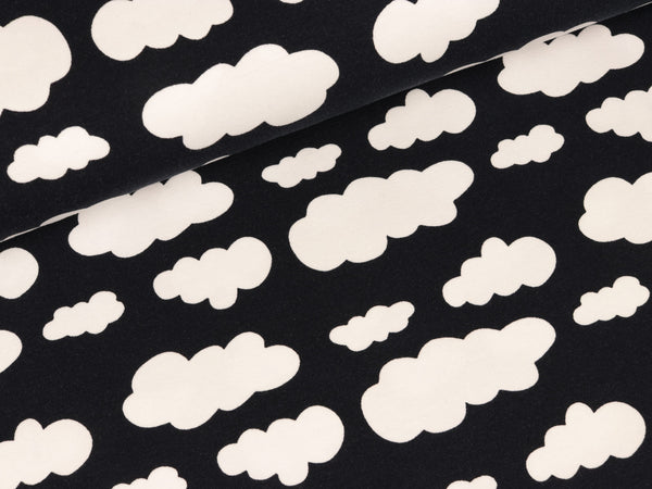 Baumwolljersey Verena Wolken weiß auf Tiefblau