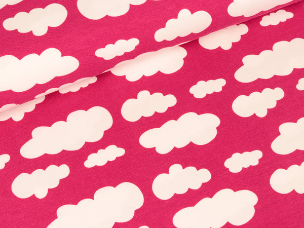 Baumwolljersey Verena Wolken weiß auf Pink