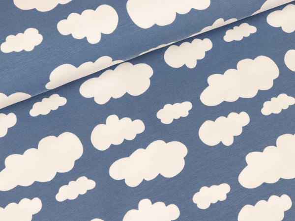 Baumwolljersey Verena Wolken weiß auf Rauchblau