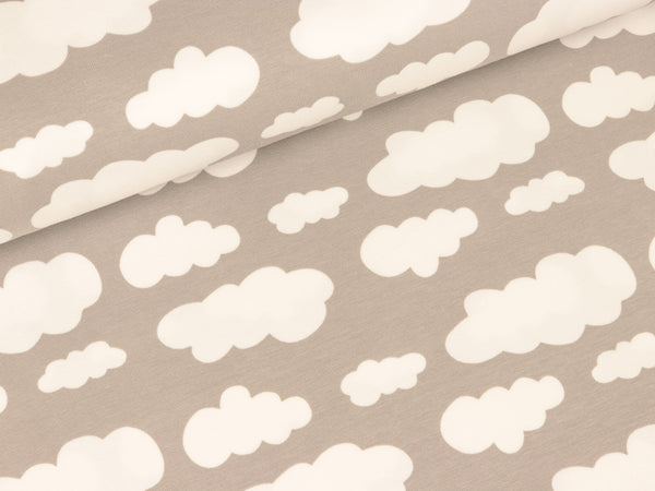 Baumwolljersey Verena Wolken weiß auf Hellgrau