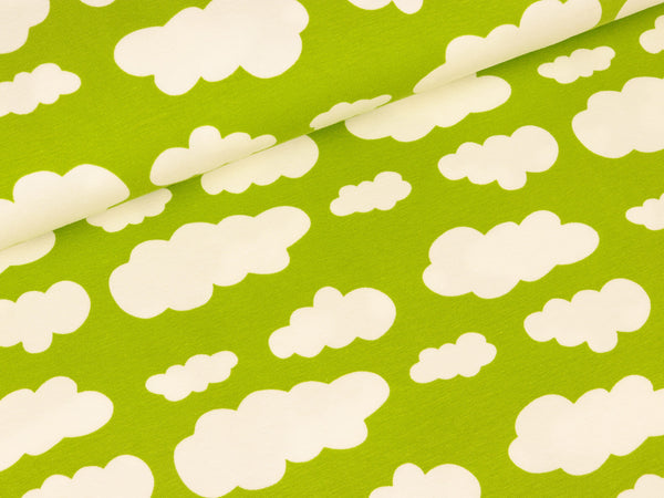 Baumwolljersey Verena Wolken weiß auf Kiwi