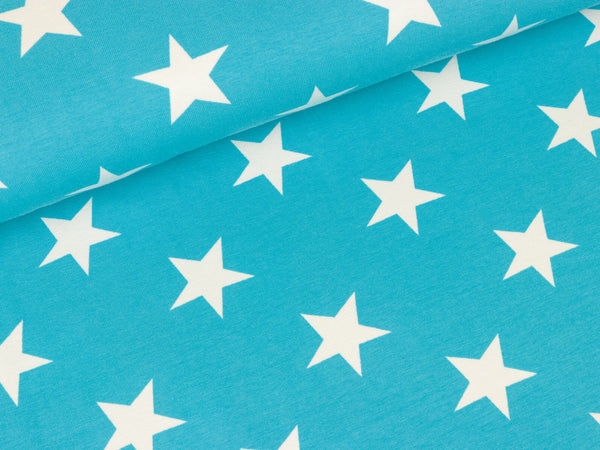 Baumwolljersey Verena Große Sterne weiß auf Türkis