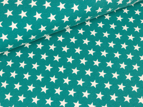 Baumwolljersey Verena Kleine Sterne weiß auf Smaragd