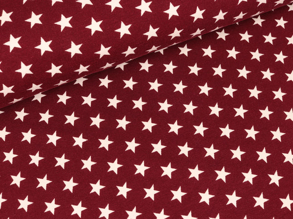 Baumwolljersey Verena Kleine Sterne weiß auf Bordeaux
