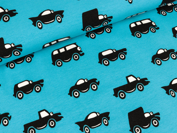 Baumwolljersey Vincent Retrocars auf Türkis