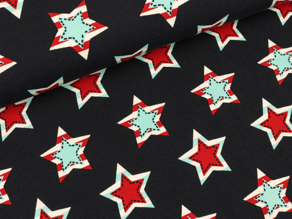 Baumwolljersey Star Patch tiefblau-rot-weiß-hellblau