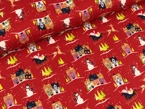 Baumwollstoff Rupert Winterdorf auf Rot